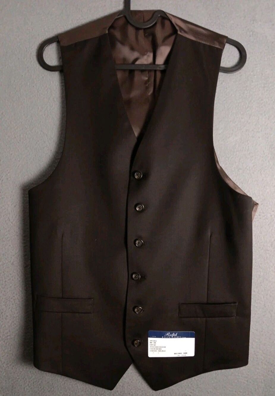 NWT Ralph Ralph Lauren Suit Lapel Vest Mens 40 Long 34W BLACK 100% BROWN- New